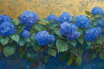 It is arranged in a way that creates the impression of movement, with a large group of blue flowers