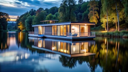 Modern houseboat illuminated on a tranquil lake surrounded by nature, houseboat, modern, illuminated, serene, natural