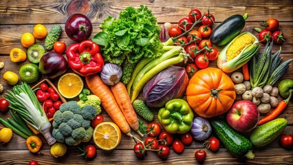 Assorted colorful vegetables and fruits on a wooden background, healthy, organic, fresh, produce, nutritious, vibrant