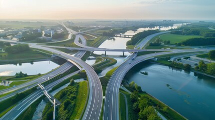 Aufkleber - Highway interchange with a river running nearby and bridges connecting different lanes