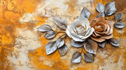 Wall Mural - A painting depicting two white flowers and a gold leaf