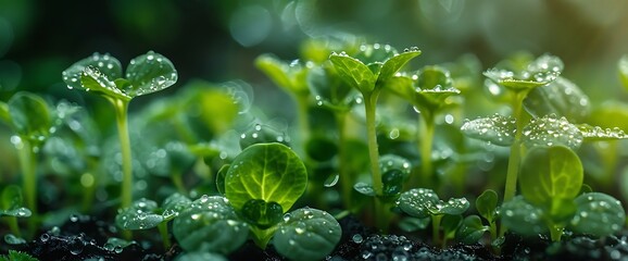 Close-up of fresh green sprouts with dew drops, growing in soil.