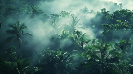 Wall Mural - Morning fog drifting through dense tropical rainforest