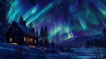 Fototapete - Northern lights above remote cabin