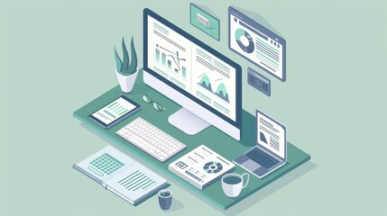 Poster - Modern office workspace with computer, tablet, and notebook displaying charts and graphs. Minimalist design for productivity and analysis.