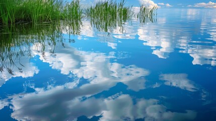 Poster - Peaceful pond with the blue sky mirrored in the water