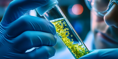 Wall Mural - Scientist holding a sample of bacteria in a test tube conducting medical research and healthcare study Doctor wearing gloves examining a legionella sample up close as part of a scientific