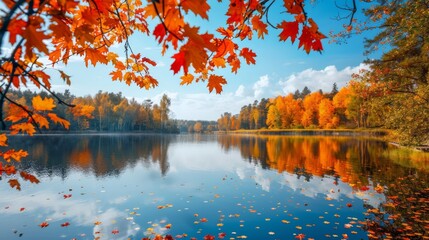 Poster - Picturesque autumn scenery with a lake and colorful leaves