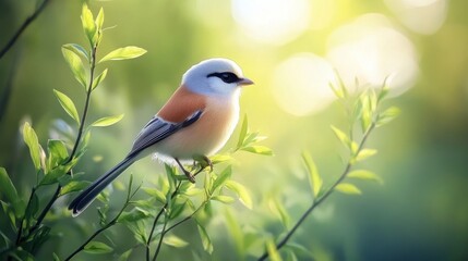 Wall Mural - Bird: Bearded Reedling on green.