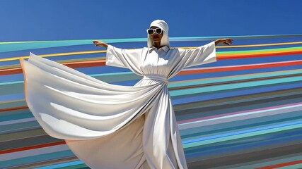 Poster - Stylish Model in Flowing White Outfit Poses Against Vibrant Background Generative AI