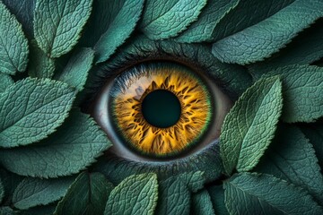 Wall Mural - Natural world watcher, surrounded by leaves and surrounded by green eyes, eco background