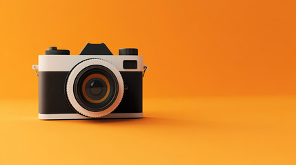 A vintage-style camera sits on a bright orange background, ready to capture memories.