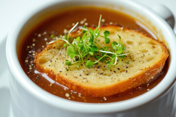 Wall Mural - Savory french onion soup with toasted bread fresh greens