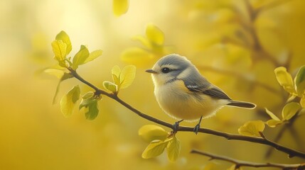 Wall Mural - Charming bird. Emerald branches. Sunflower background.