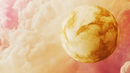 A close-up view of Venus depicted as a realistic planet with swirling clouds and vibrant colors against a light solid color background