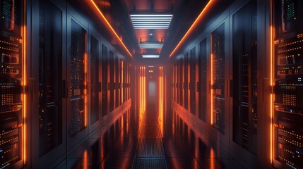 Poster - Spacious data center corridor with multiple server racks and ambient lighting
