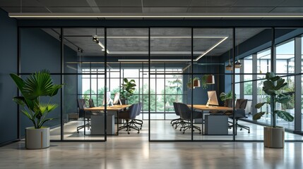 Poster - Spacious office with glass partitions, stylish desks, and contemporary decor
