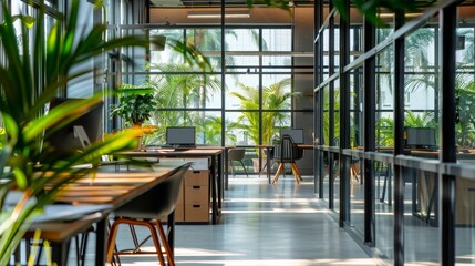 Poster - Spacious office with glass partitions, stylish desks, and contemporary decor