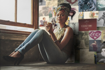 woman, portrait and relax with coffee by window for drink or beverage in stylish fashion at indoor c