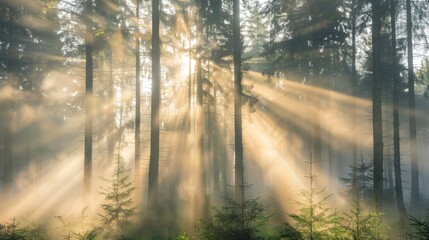 Poster - Sun rays filtering through dense morning fog in a forest