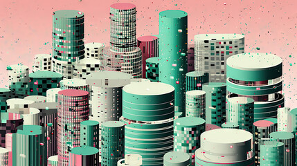 Aufkleber - Visually striking cityscape with warm hues, digital effects, and abstract urban skyline