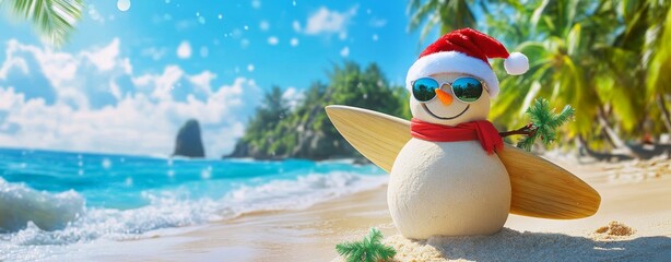 Happy sandy Santa snowman wearing red hat and stylish sunglasses on a sea shore with copy space, concept of winter holiday, Merry Christmas, happy summer.