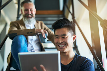 Poster - Meeting, stairs and business people on tablet in office for online report, website and research. Startup company, creative and man with manager on digital tech for discussion, teamwork and planning