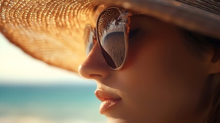 A close-up of a woman's sun-kissed skin and beach accessories like sunglasses and a wide-brimmed hat, with a blurred ocean background