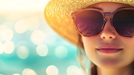 A close-up of a woman's sun-kissed skin and beach accessories like sunglasses and a wide-brimmed hat, with a blurred ocean background