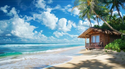 Poster - Tropical bungalow on sandy beach with ocean waves in the background