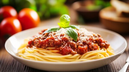 Spaghetti with meat sauce, cheese, and basil