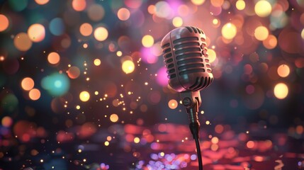 Aufkleber - Vintage microphone on stage surrounded by colorful bokeh lights