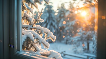 Poster - View from a window of a snowy winter wonderland with snow-covered trees and soft sunlight