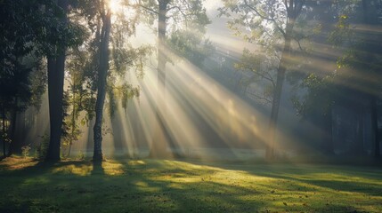 Poster - Warm sun rays cutting through thick morning mist in a park