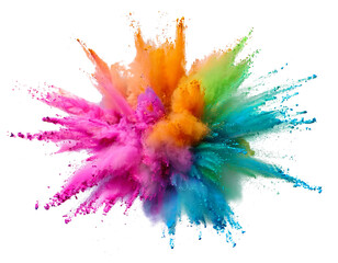 Wall Mural - A pink, orange, light green and light blue explosion smoke of holi paint color powder isolated on transparent or white background