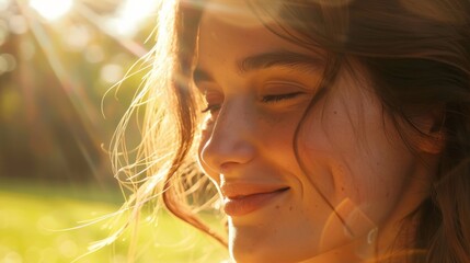 Sticker - Woman smiling in natural sunlight, soft park blur,