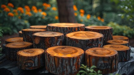 Wall Mural - Stack of wooden tree slices in a garden setting with a blurred background of orange flowers.