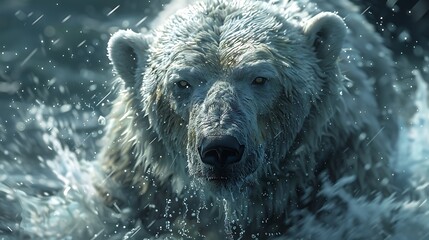 Wall Mural - a powerful polar bear emerges from the water, its fur glistening with droplets and its eyes fixed on