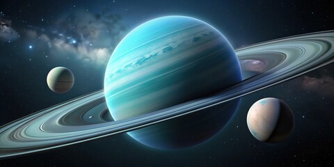 Wall Mural - uranus with its moons orbiting in space , uranus, moons, orbit, space, celestial, planet, astronomy