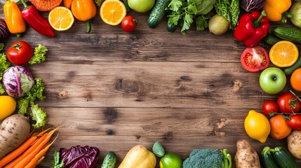 Wall Mural - A vibrant arrangement of fresh fruits and vegetables on a wooden table, showcasing a healthy lifestyle, with ample copy space for text