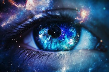 Image of a human eye with a cosmic galaxy reflection. Concept of human imagination. Good for a poster, banner, or print.