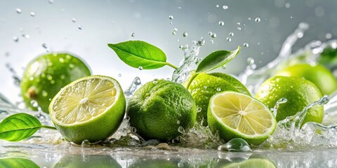 Aufkleber - Fresh limes splashing with leaves, cut out, fresh, limes, citrus, fruit, green, vibrant, leaves, splash, cut out