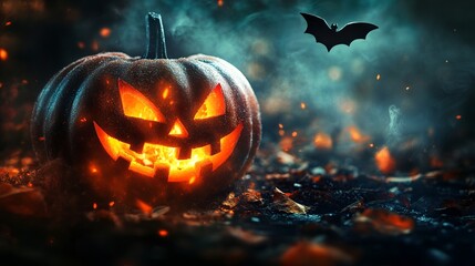 Halloween banner, bat and pumpkin