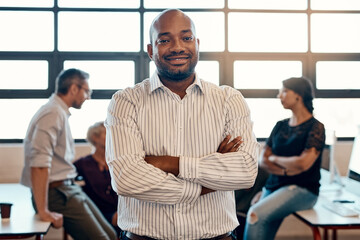 Poster - Portrait, arms crossed and happy business man in office for integrity, pride and coworking in enterprise. Face, leader and confident manager, entrepreneur and broker in startup for expert experience