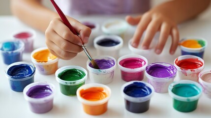 A happy schoolboy scribbling and painting on a white piece of paper in bright colors, isolated on a white background.