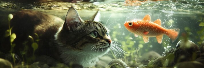 A cat swimming beneath a fish.