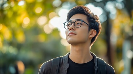 Asian male gazes aside in park.