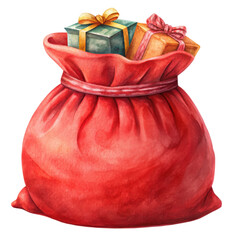 Festive watercolor illustration of Santa's red sack filled with colorful Christmas gifts. Brimming with presents, symbolizing the joy and generosity. Isolated on transparent background, png.