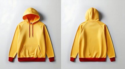 Sticker - Yellow hooded sweatshirt has a striking red drawstring, shown in front and back views. Suitable for clothing advertising or design projects. 
