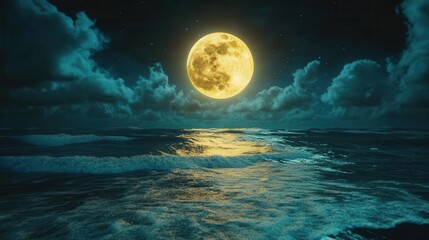 Wall Mural - Full moon shining over the ocean at night.